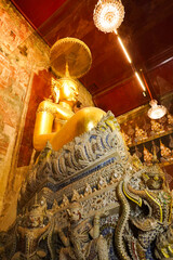 Phetchaburi Province,Thailand – 2nd April 2024: Big gold buddha statue in church at Wat Mahathat...