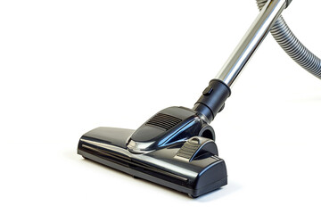 A corded stick vacuum cleaner with a swivel steering mechanism and a removable floor nozzle isolated on a solid white background.