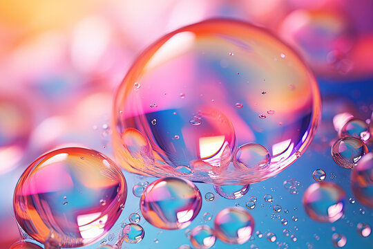 Pink holographic bubbles floating on the soft colorful abstract background in beautiful vivid tones.