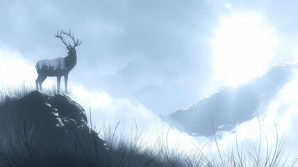   A deer atop a hill against a backdrop of a tall grass-covered mound, set beneath a blue sky adorned with clouds