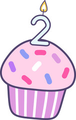 cupcake with a candle number 2 for happy birthday greetings card or invitation