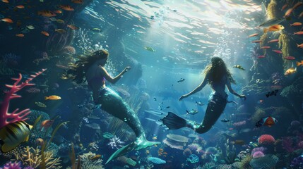 An enchanting underwater scene with mermaids and colorful marine life.