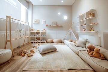A minimalist children's playroom with neutral colors, modular furniture, and a few carefully selected toys, encouraging imaginative play in a clutter-free environment.