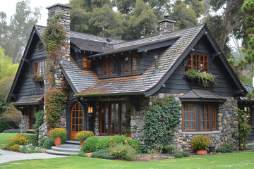 A cozy craftsman house featuring a stone chimney and a charming front yard.