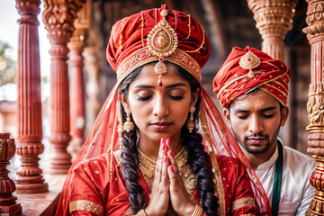 Fototapeta premium Regal Matrimony: A Radiant Couple's Sacred Union Beneath Ornate Columns Celebrating Ganesh Chaturthi