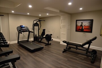 Fototapeta na wymiar A minimalist home gym with sleek exercise equipment, clean lines, and a single, motivational artwork, fostering a focused and invigorating workout environment.