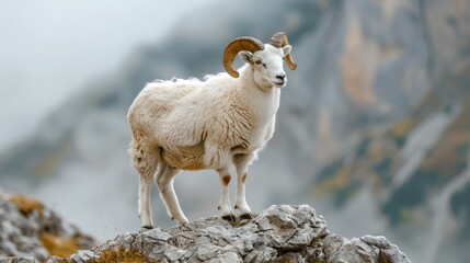   A ram stands atop a rocky outcropping, overlooking a mountain in the background