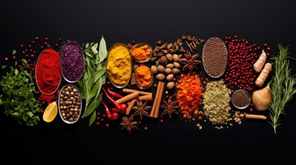 A row of spices and herbs are displayed in a variety of bowls. The spices include cumin, paprika, and turmeric. The herbs include parsley, basil, and rosemary. Concept of abundance and variety