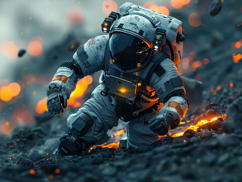 Advanced Earth Explorer Robot, with protective heat-resistant suit navigating through a fissure in the Earths crust to venture into the unexplored depths of the mantle Realistic