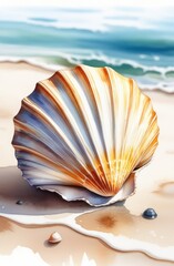 hand-drawn watercolor illustration of seashell on sandy beach near water