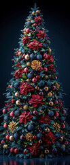 Christmas tree with Christmas decorations on a dark background. Christmas holidays