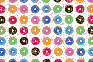 Seamless colourful donut pattern of repeating doughnuts with sprinkles