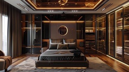 Modern interior design wardrobe room with decorative lighting and bedroom
