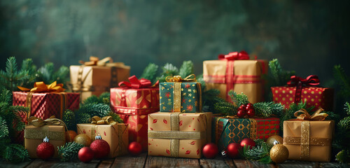 Fototapeta na wymiar Christmas tree and presents. Stack of wrapped Christmas gifts. Christmas