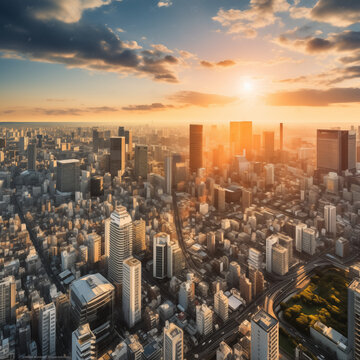 Fototapeta city at sunset, Aerial view of cityscape of Tokyo, capital city of Japan at sunset, skyscrapers skyline of modern district Shinjuku - landscape panorama of Japan from above, Asia stock photo