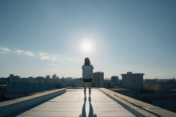 Obraz na płótnie Canvas 女, 女性, 女性の後ろ姿, 佇む女性, 屋上, 屋根, 都市景観, 都市を眺める女性, 夕方, woman, woman behind, woman standing, rooftop, roof, urban landscape, woman looking at city, evening