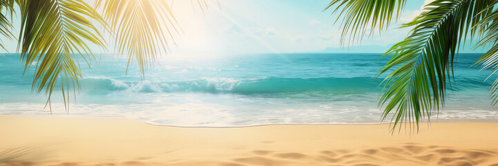 Fototapeta na wymiar Panorama, Tropischer Strand mit Palmen, sonniger Himel und türkisfarbenem Meer