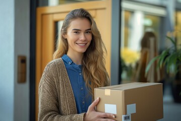 Woman smiling with delivery package