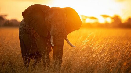   An elephant silhouetted against a field of tall grass, sun setting in the distance - obrazy, fototapety, plakaty