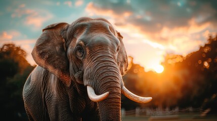 Fototapeta premium An elephant, with tusks, faces a cloudy sky; sun sets behind Trees in foreground
