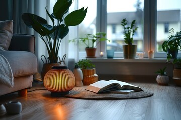 Reading book in a cozy atmosphere in a rustic house. Soft glow, flickering candle, and an open book of endless adventures.