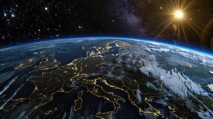 View of the Earth from space. Night lights of big cities. A breathtaking panorama of urban centers illuminating the darkness.