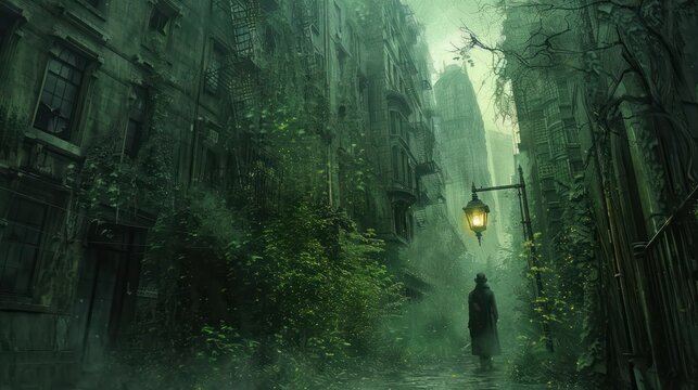 A dark and overgrown city street with a single lamppost.
