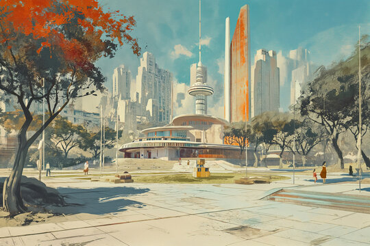 Retrofuturistic landscape in mid-century sci-fi style. Retro science fiction scene with futuristic city buildings.