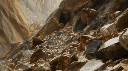 The image captures the intricate details of sunlit rocks on a steep slope with a play of light and shadow