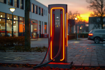 An electric car on a charging station at sunset. In the twilight, an electric car connects to a charging station, symbolizing progress.