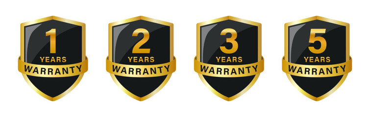 Warranty shield logo with ribbon set of one, two, three and five years warranty with shiny effect in golden color. 1, 2, 3, 5 years warranty logo in shield. Vector warranty logo set.