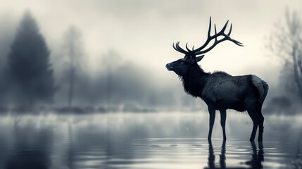  A black-and-white image of a deer poised in a water body, surrounded by trees and shrouded in fog