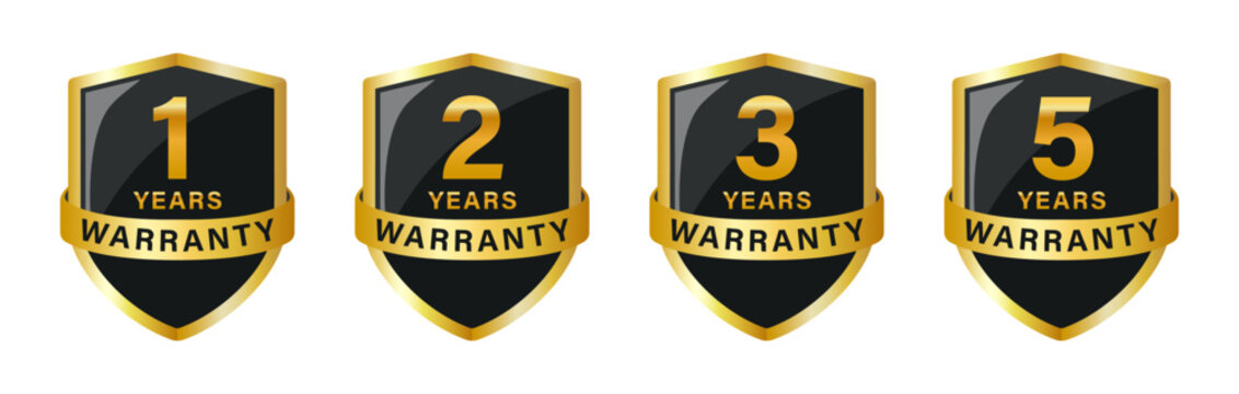 Warranty shield logo with ribbon set of one, two, three and five years warranty with shiny effect in golden color. 1, 2, 3, 5 years warranty logo in shield. Vector warranty logo set.