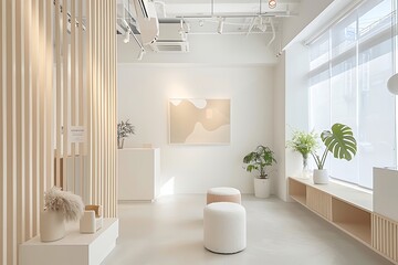 A minimalist pet grooming salon with clean lines, grooming stations, and a single, abstract pet-themed artwork, providing a soothing environment for furry friends.