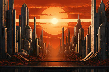 Science fiction landscape with futuristic city at orange dusk on the alien planet.