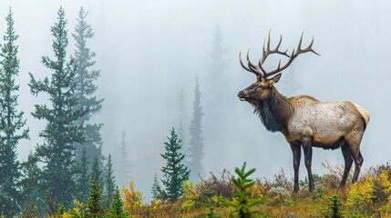   A large elk atop a lush, green hill swathed in fog, surrounded by pine trees Before a forest teeming with tall evergreens
