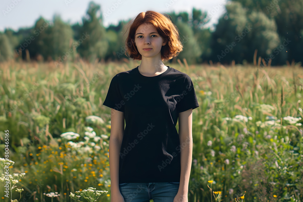 Wall mural Stylish T-Shirt Mockup on Young Woman