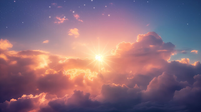 A brilliant sunrise peers through a heavenly display of clouds, signifying hope and a new beginning with a sprinkle of stars