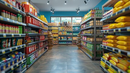 A large supermarket aisle with many products on the shelves