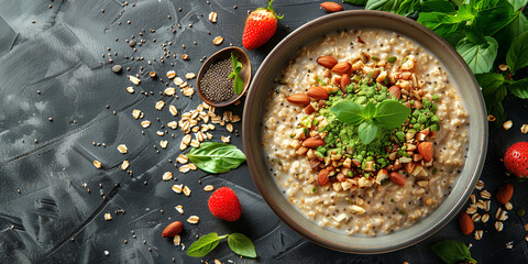 Matcha Overnight Oats: oats with almond milk, chia seeds, matcha powder and sweetener for a nutritious and convenient breakfast.