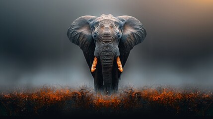  An elephant, its tusks curved, stands before a field of tall grass Beyond, a foggy sky engulfs the setting sun
