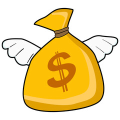 Flying dollar  bag of money concept design. money bag with wings cartoon illustration