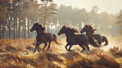   A group of horses gallops through a field of tall grass, preceding a wooded area with trees in the background