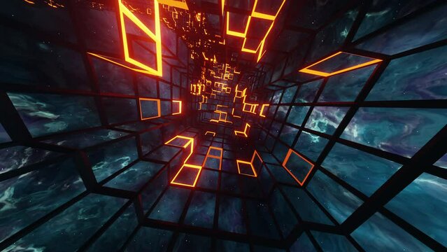 3d Wormhole tunnel orange flashing grid, seamless loop
