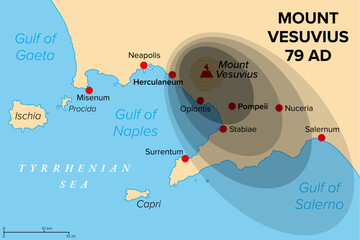 Eruption of Mount Vesuvius in 79 AD, history map. General distribution of ash and pumice. Major stratovolcano in southern Italy buried and destroyed the Roman towns Pompeii, Herculaneum, and others.