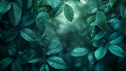 A leafy green forest with raindrops on the leaves