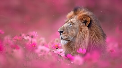   A tight shot of a lion amidst a field of pink flowers, their foreground prominence contrasting the pink-tinted sky in the background