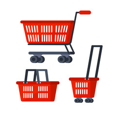 Plastic shopping cart on white background. Supermarket basket. Hypermarket product carry