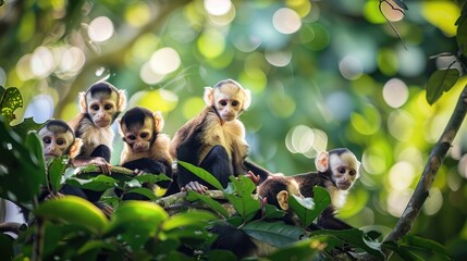 A group of Capuchin monkeys gathers in the verdant embrace of a rainforest canopy, sunlight dappling through leaves to highlight their curious expressions.
