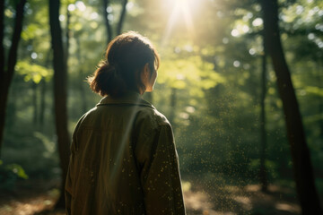 女, 女性, 佇む女性, 後ろ姿, 森, 自然, 森の中, 木漏れ日, woman, female, woman standing, back view, forest, nature, woodland, sunlight through trees